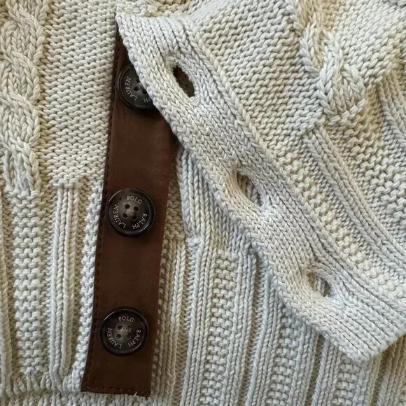NWT Polo Ralph Lauren Cream 100% Cotton Cable Knit Leather Trim Button Sweater M - Picture 9 of 10